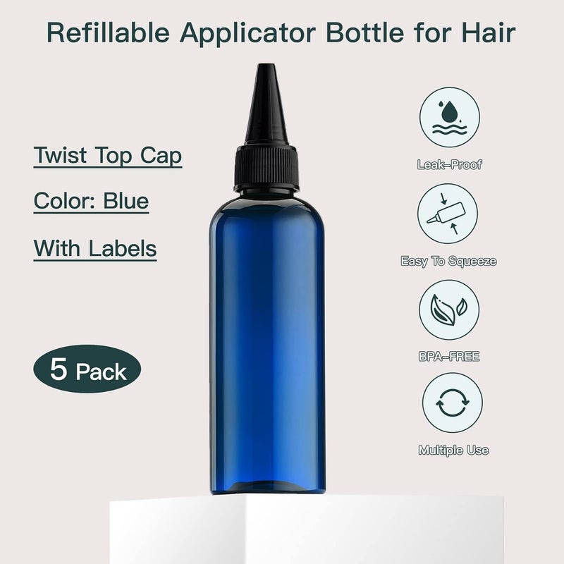 Tekson Hair Color Applicator Bottles, 5 Pack Refillable Squeeze Bottle, Empty Plastic Twist Top Cap Bottles (3.4 OZ, Blue) - Image 3